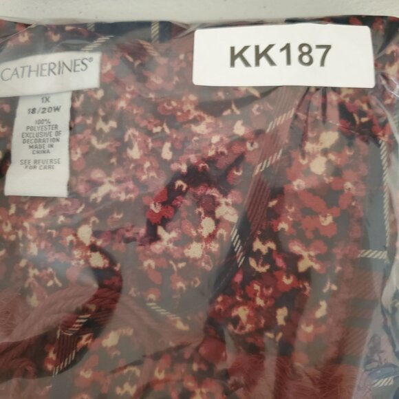 Catherines Womens Red Plaid Floral Semi Sheer Blouse Size 1X 3/4 Sleeve Boho - Picture 8 of 8